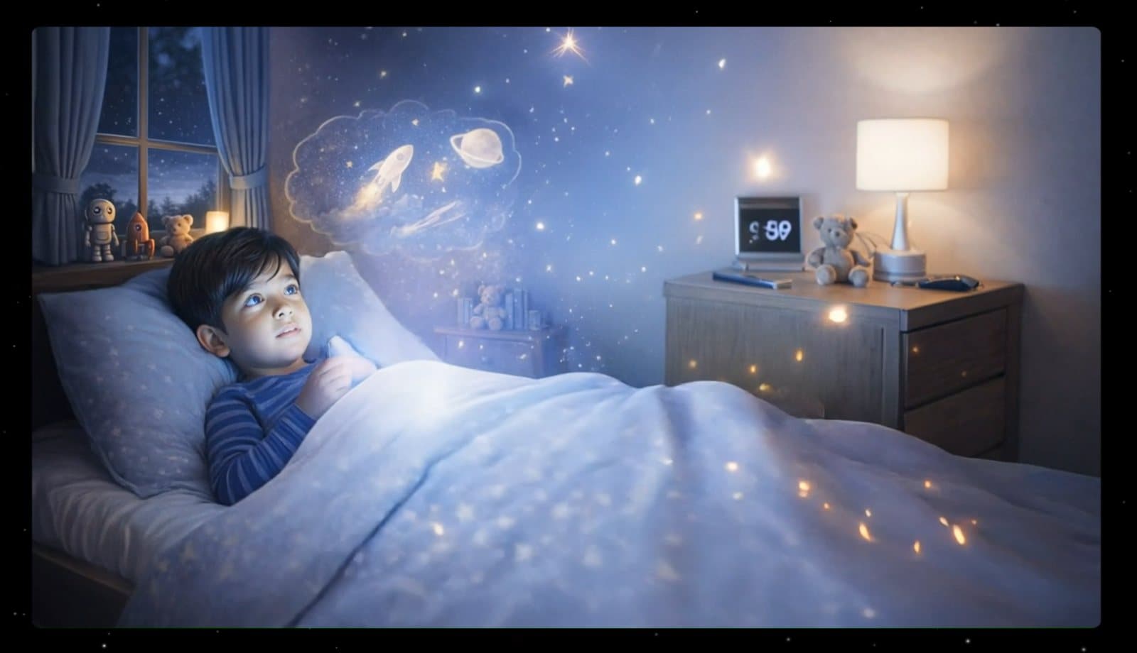 Un enfant dans son lit regarde une constellation magique flotter au-dessus de lui